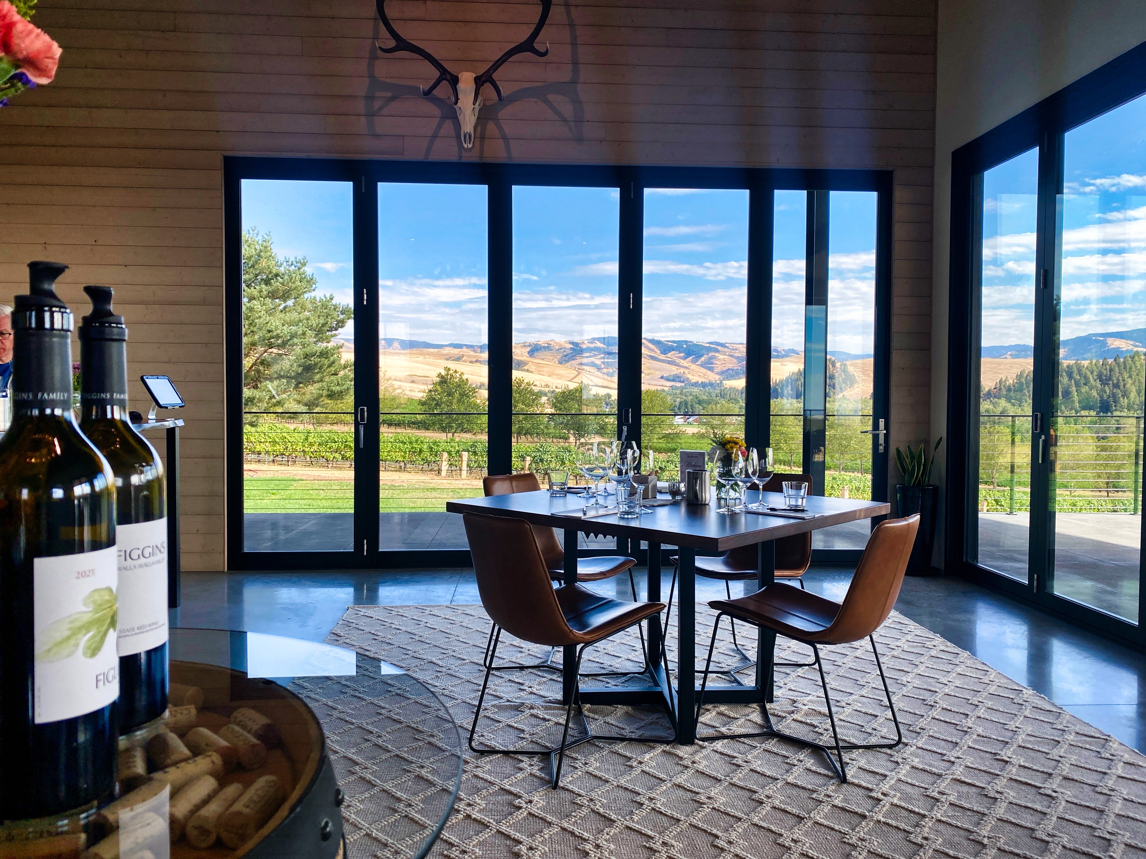 Modern tasting room with wine bottles and a vineyard view through large glass doors.