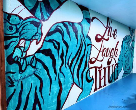 Close-up of turquoise tiger mural with the words “Live Laugh Thug.”
